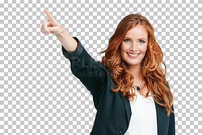 Buy stock photo Pointing, happy and portrait of business woman with hand gesture on png, isolated and transparent background. Direction, professional and female worker smile for announcement, news and promotion