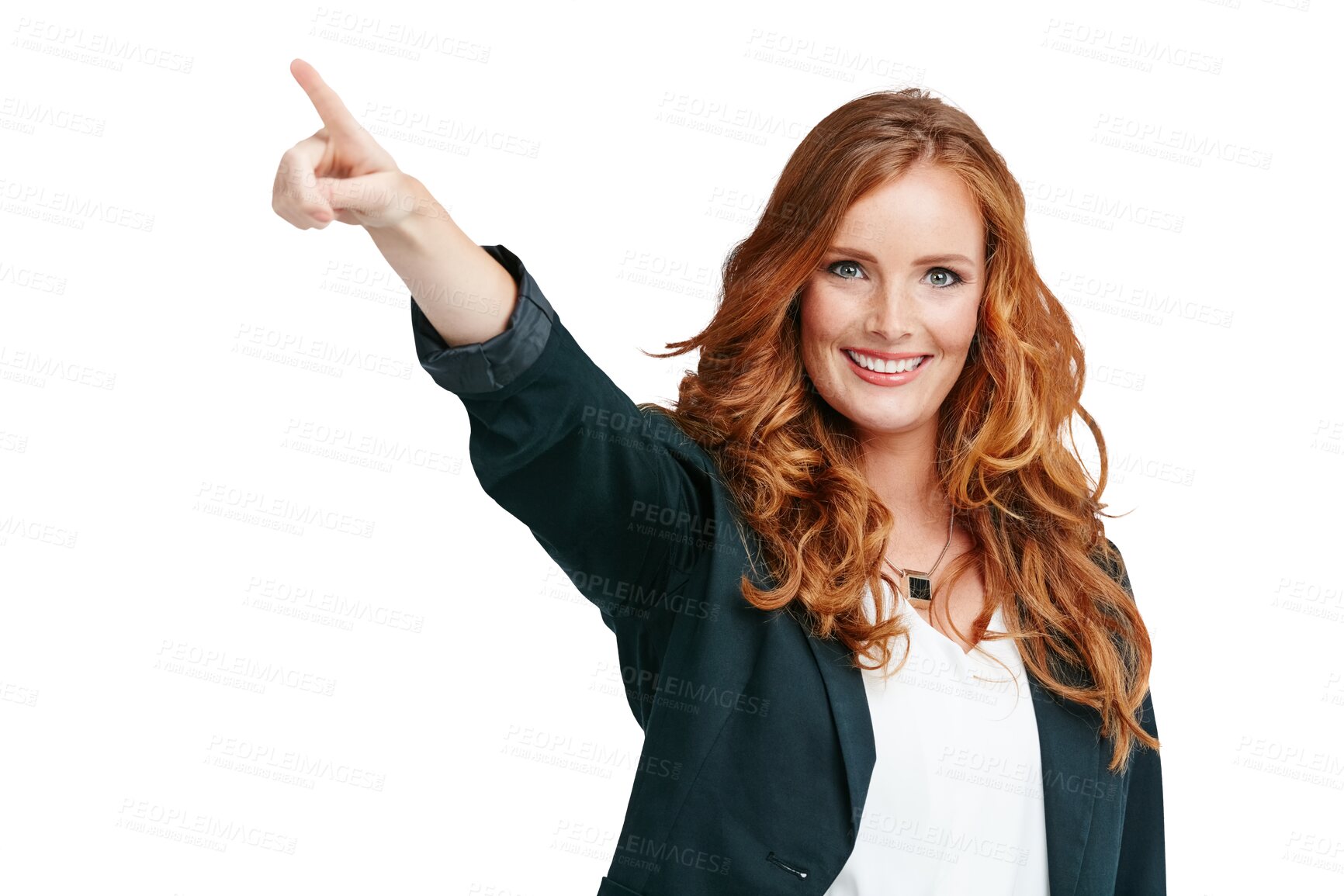 Buy stock photo Pointing, happy and portrait of business woman with hand gesture on png, isolated and transparent background. Direction, professional and female worker smile for announcement, news and promotion