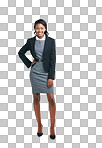 A Black woman, smile and business fashion portrait for success. Female entrepreneur and professional model smiling about vision with a positive mindset isolated on a png background