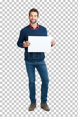 Buy stock photo Business man, portrait and blank poster for opinion, presentation or vote by png background. Isolated businessman, paper or billboard with smile for hiring, mockup space or branding for promotion