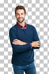 A Happy, handsome and portrait of man with arms crossed. Fashion, smile and person with arms folded with pride, happiness and confidence on a isolated on a png background