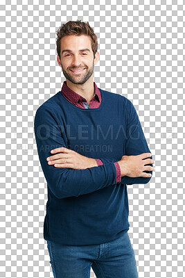Buy stock photo Portrait, fashion and arms crossed with man on png background for cool, handsome and attractive. Trendy, happy and confident with male isolated on transparent for carefree, cheerful and elegant style