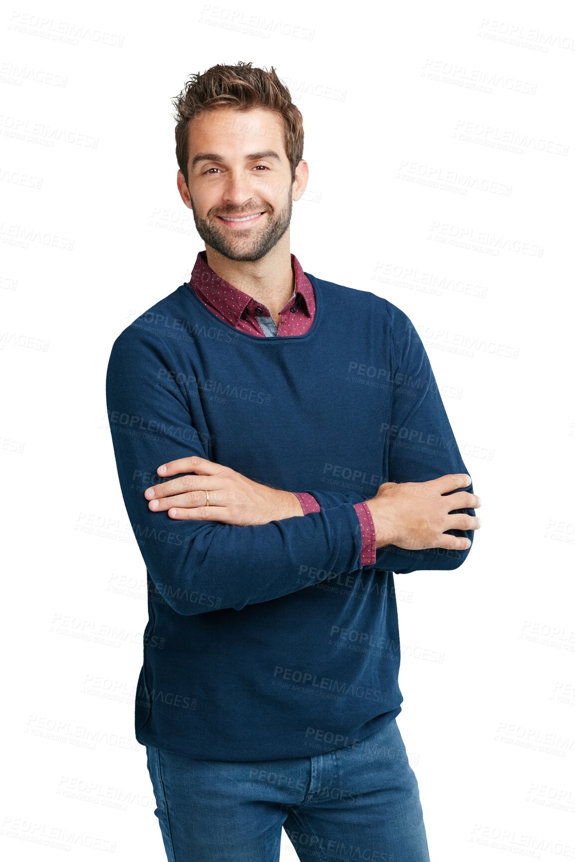 Buy stock photo Portrait, fashion and arms crossed with man on png background for cool, handsome and attractive. Trendy, happy and confident with male isolated on transparent for carefree, cheerful and elegant style