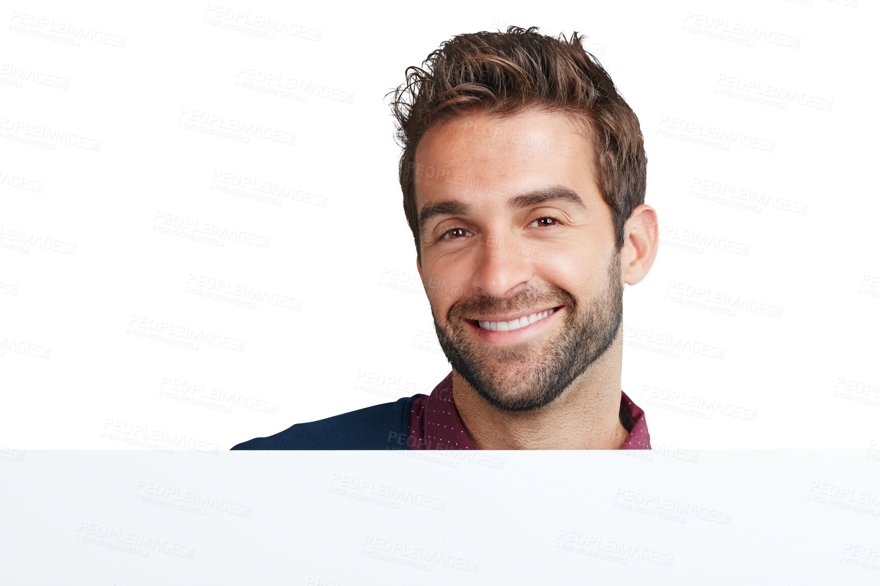 Buy stock photo Poster, happy and portrait of business man on png, isolated and transparent background. Advertising, branding and male person with empty banner space for announcement, promo information and news