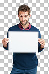 Branding, sign and portrait of a businessman with paper. Marketing, work and young employee with a mockup space poster advertising a brand on isolated on a png background