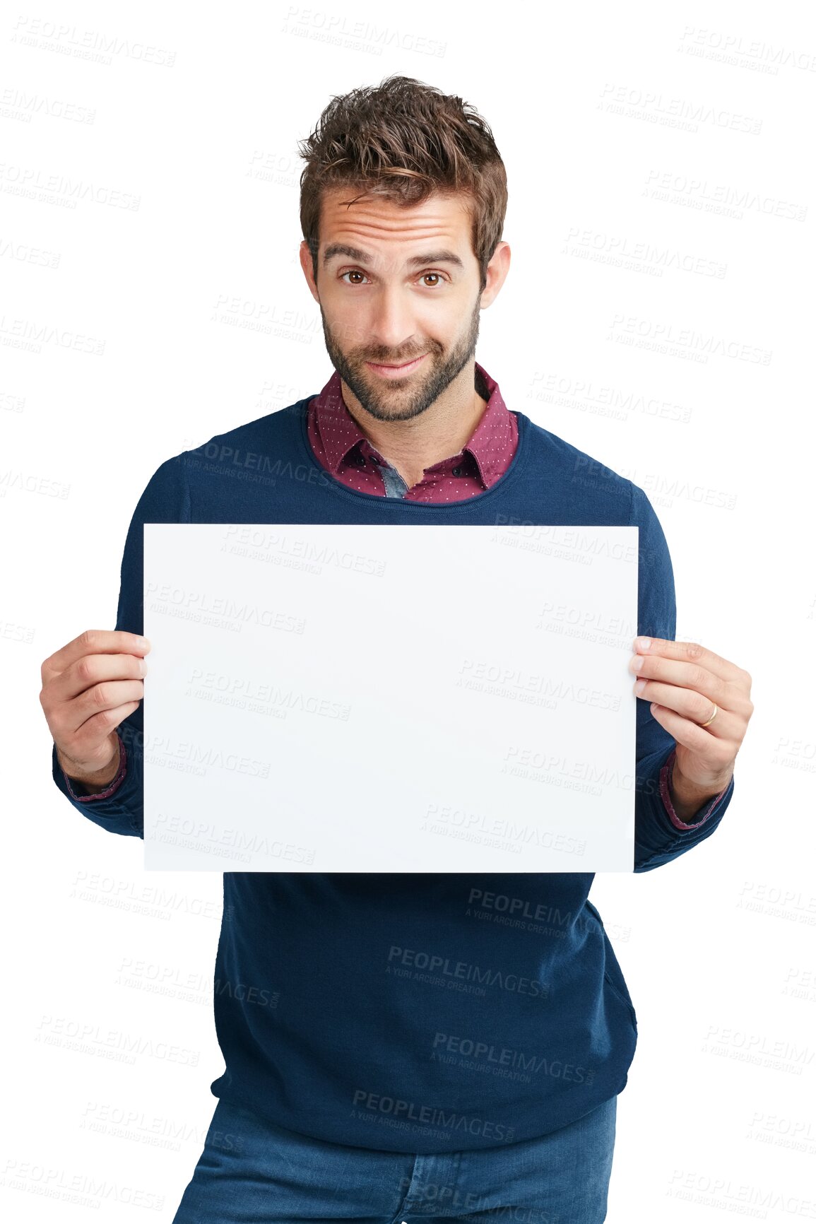 Buy stock photo Poster, billboard and portrait of business man on png, isolated and transparent background. Branding, corporate worker and happy male person with space for announcement, promotion and information