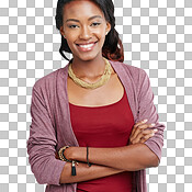 A Black woman, portrait and arms crossed on promotion mockup, isolated ...