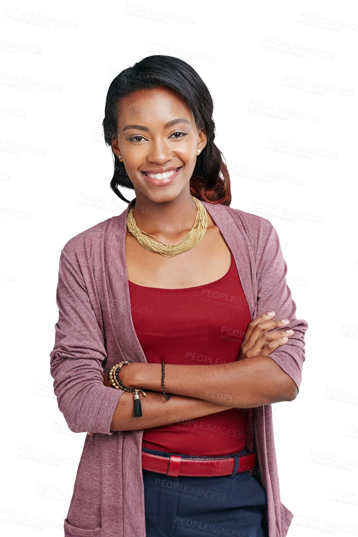 Buy stock photo Portrait, arms crossed and smile of black woman isolated on transparent png background. Happy female person with confidence, happiness and good mood for fashionable style, clothes and trendy pride