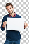 Portrait, marketing poster or business man with mockup space for product, advertising or branding poster in studio. Model, smile or businessman with banner, billboard news or logo in isolated on a png background