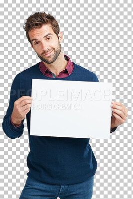 Buy stock photo Poster, billboard and portrait of business man on png, isolated and transparent background. Advertising, branding and male person with empty banner space for announcement, promo information and news