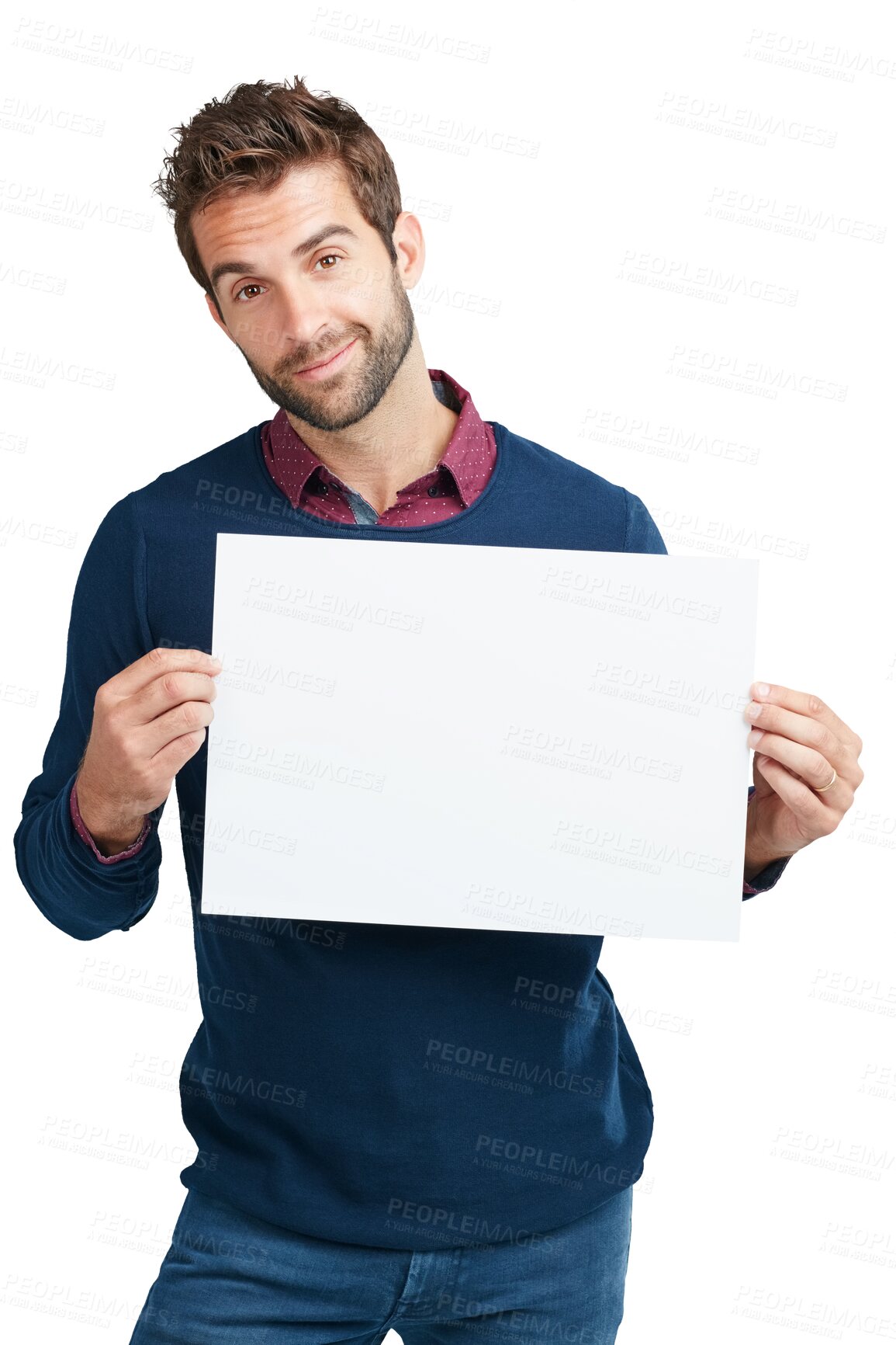 Buy stock photo Poster, billboard and portrait of business man on png, isolated and transparent background. Advertising, branding and male person with empty banner space for announcement, promo information and news