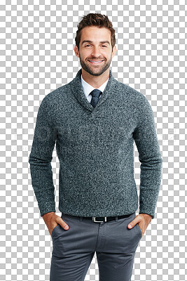 Buy stock photo Business man, smile portrait and happiness from success ready for work. Confidence and happy businessman model smiling from job ambition and modern style isolated on a transparent, png background