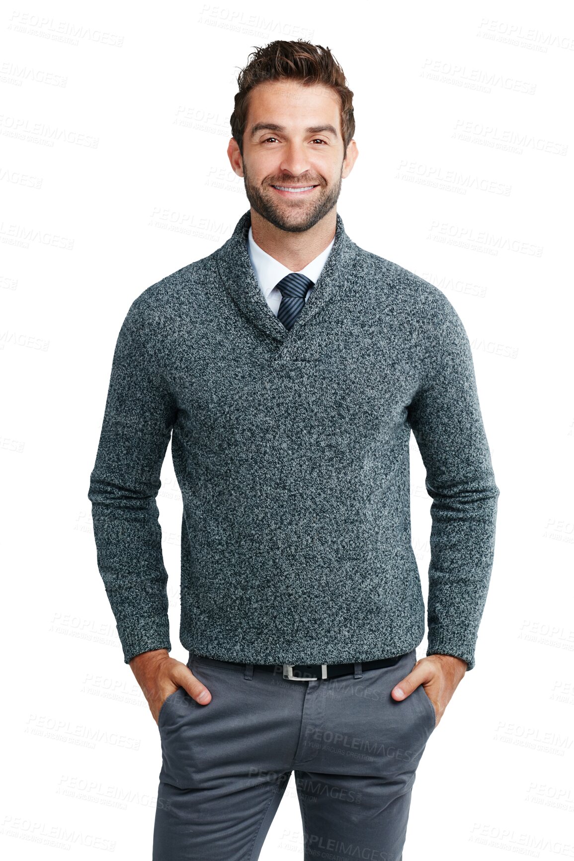 Buy stock photo Business man, smile portrait and happiness from success ready for work. Confidence and happy businessman model smiling from job ambition and modern style isolated on a transparent, png background