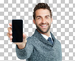 Smile, portrait or business man with phone screen for internet research, social media or networking. Tech or manager on smartphone for social network, blog review or media app  isolated on a png background