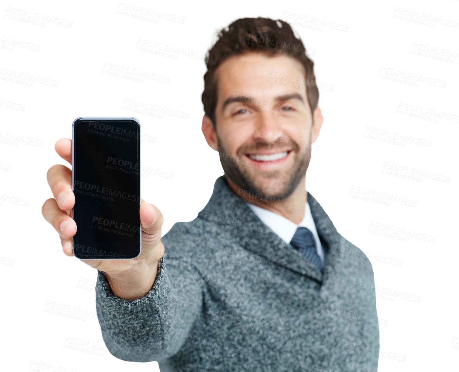 Buy stock photo Phone, screen and portrait of business man on isolated, png and transparent background. Communication, networking and male worker with smartphone for mobile app, social media and website promotion