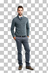 A Businessman, fashion and standing with hands in pocket. Portrait of happy isolated man model smiling in happiness for vision, ambition or profile on isolated on a png background