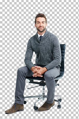 Buy stock photo Business man, professional and portrait with smile for recruiting sitting on a chair. Happiness executive manager and smiling for recruit, hire or startup isolated on transparent, png background