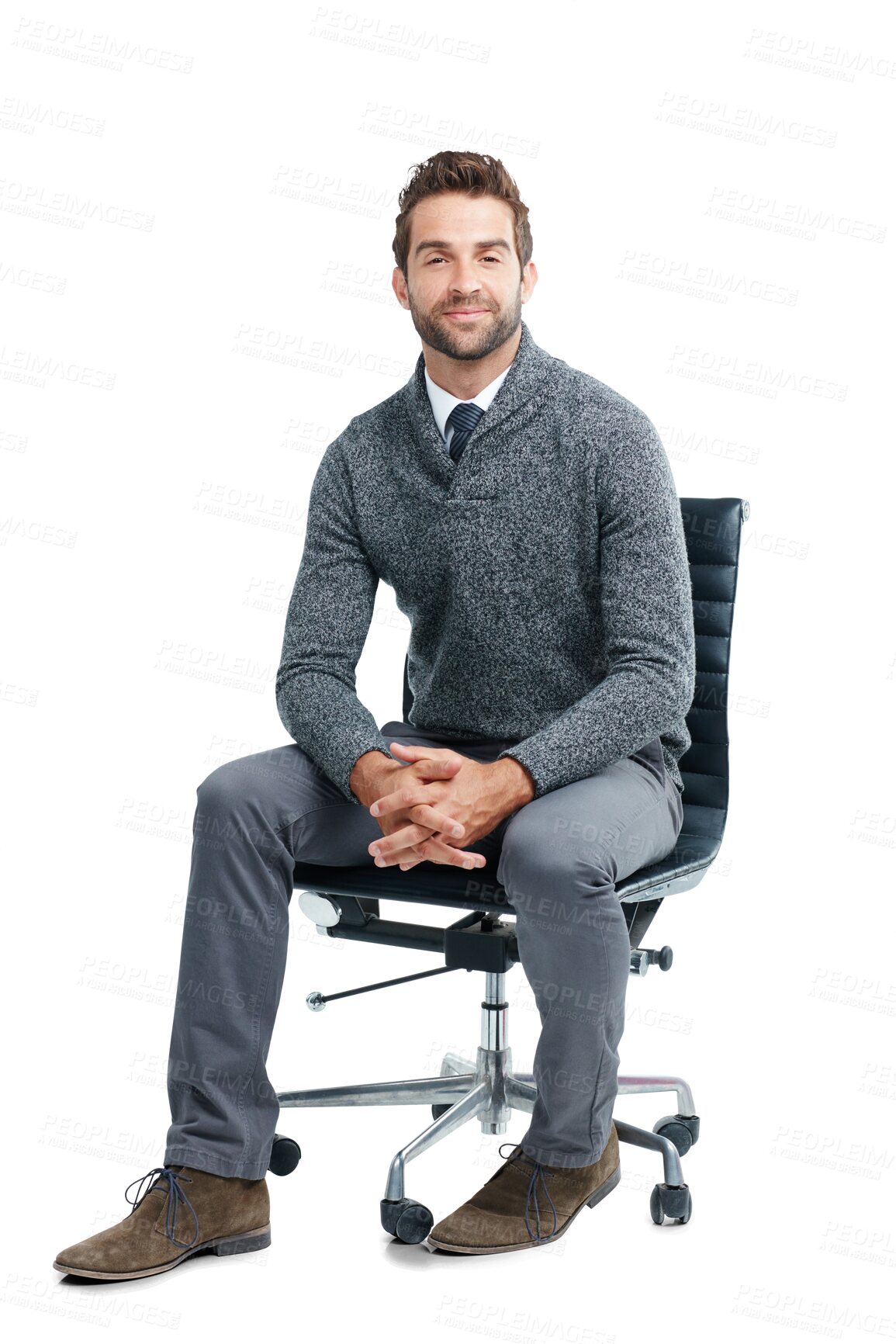 Buy stock photo Business man, professional and portrait with smile for recruiting sitting on a chair. Happiness executive manager and smiling for recruit, hire or startup isolated on transparent, png background