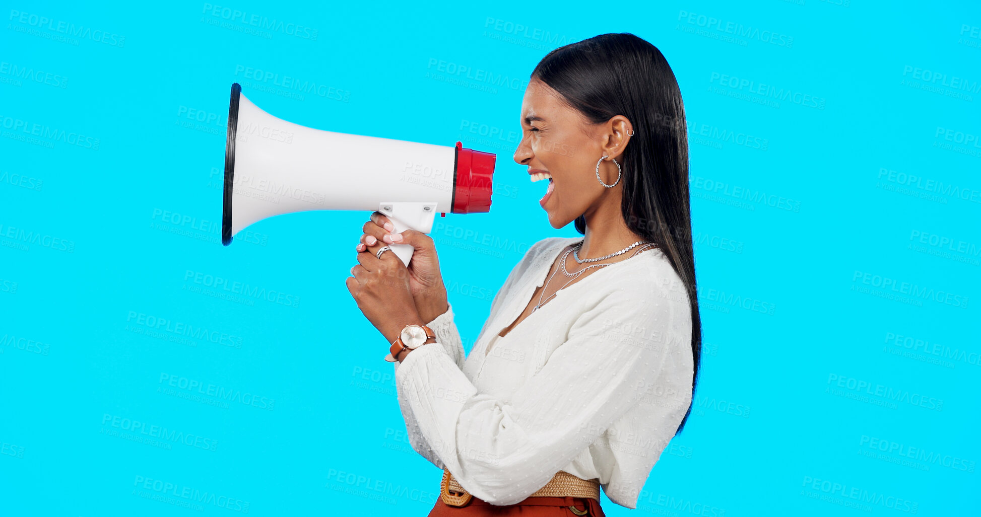 Buy stock photo Megaphone communication, studio and woman scream, angry speech or broadcast gender equality, justice revolution or rally. Government politics protest, sound or loud profile speaker on blue background