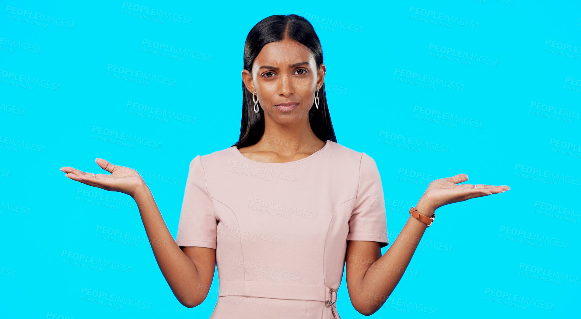 Buy stock photo Option, thinking and why hands of woman portrait with choice in a studio with question or scale gesture. Decision, doubt and female person with comparison, balance or confused with blue background