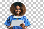 Doctor, black woman and tablet for typing in studio with smile, focus and web communication. Isolated nurse, touchscreen tech or reading on social media app, medical news or chat isolated on a png background