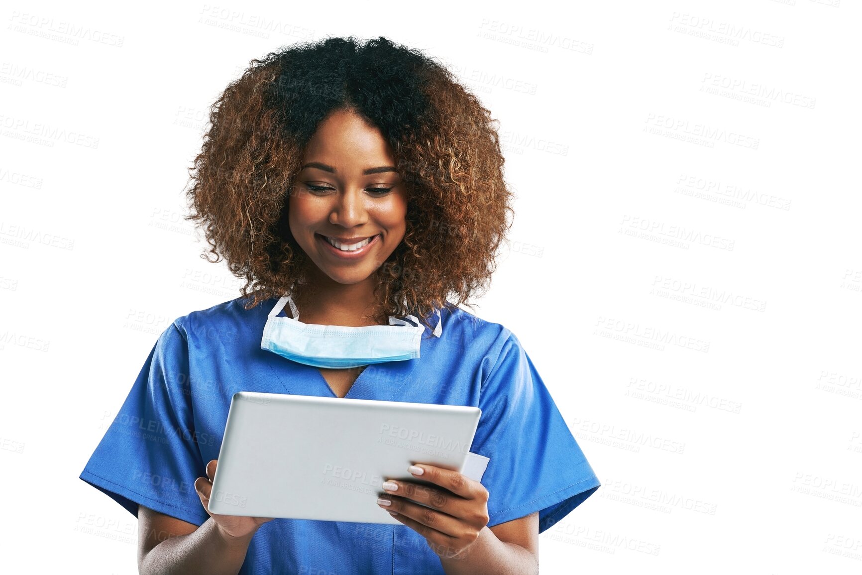 Buy stock photo Woman, black nurse and tablet for typing in studio with smile, focus and web communication. Surgeon or doctor, reading or writing on social media app, good news or chat isolated on a png background