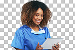 Doctor black woman, tablet and communication, smile or focus on healthcare research. Isolated nurse, mobile tech touchscreen and reading on social network, app or chat isolated on a png background