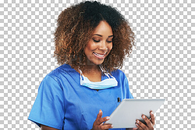 Buy stock photo Smile, tablet and black woman nurse with technology for healthcare results or female medical physician and isolated on a transparent png background. Mobile, research and happy with digital checklist