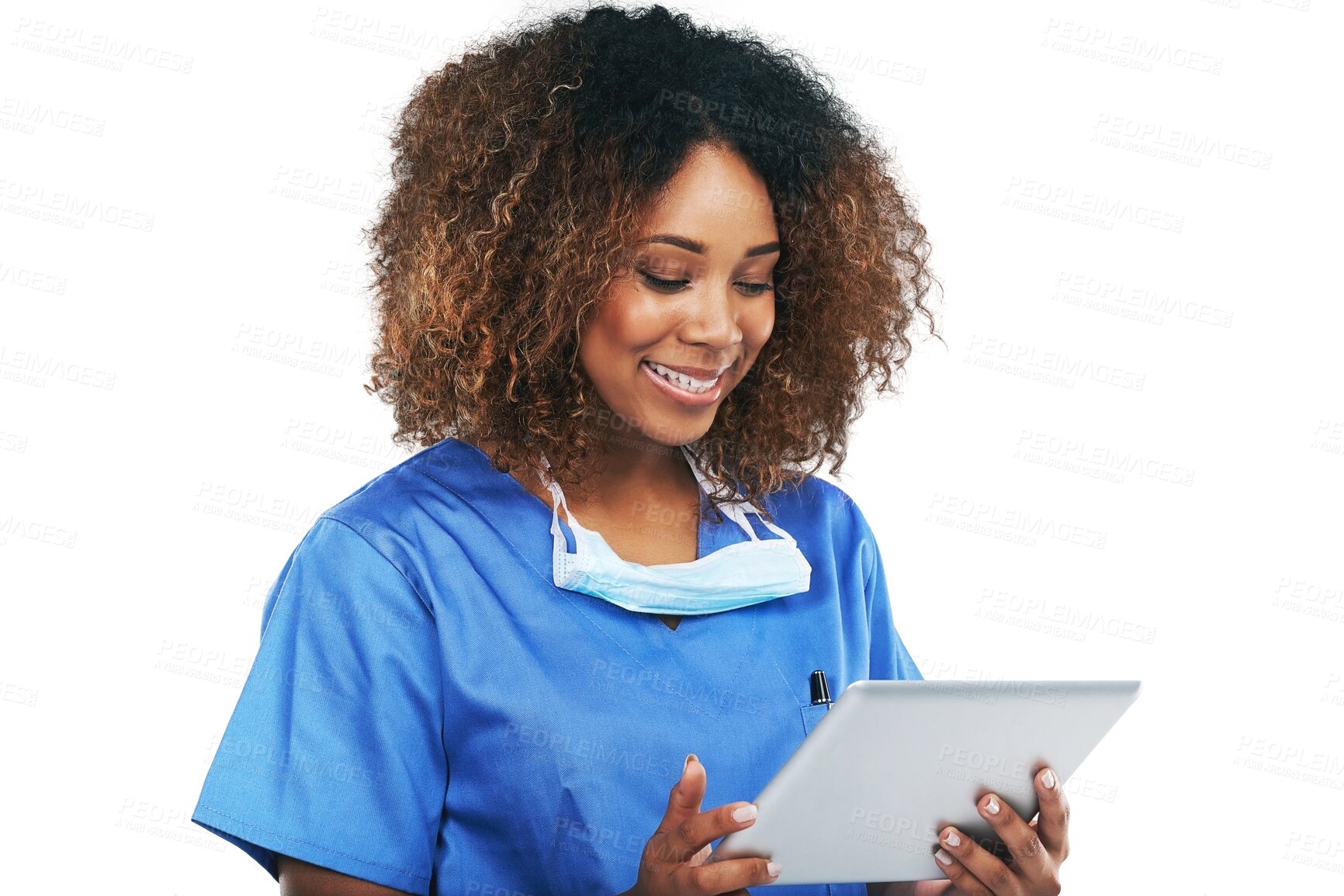 Buy stock photo Smile, tablet and black woman nurse with technology for healthcare results or female medical physician and isolated on a transparent png background. Mobile, research and happy with digital checklist