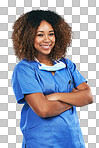 A Black woman, portrait and nurse with arms crossed. Medic, healthcare or confident, happy or proud female medical physician from Nigeria ready for wellness goals isolated on a png background