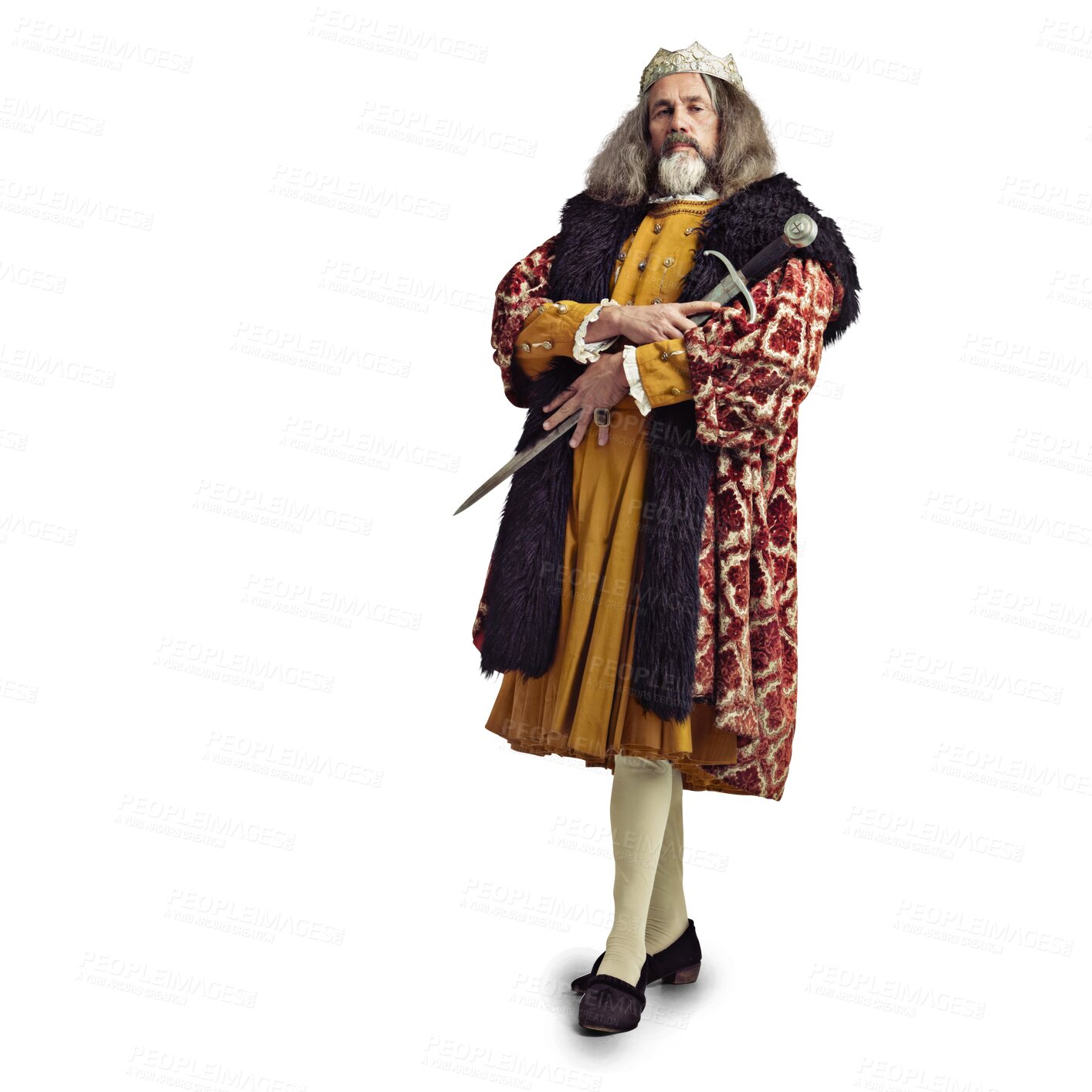 Buy stock photo King, old royalty and portrait of royal man with sword and power with luxury fashion. Victorian, vintage crown and mature male with a costume of a leader isolated on a transparent, png background