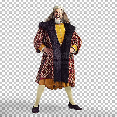 Buy stock photo Royalty, medieval and portrait of happy king on isolated, png and transparent background. Victorian ruler, renaissance history and senior man with crown in vintage costume laughing, smile and excited