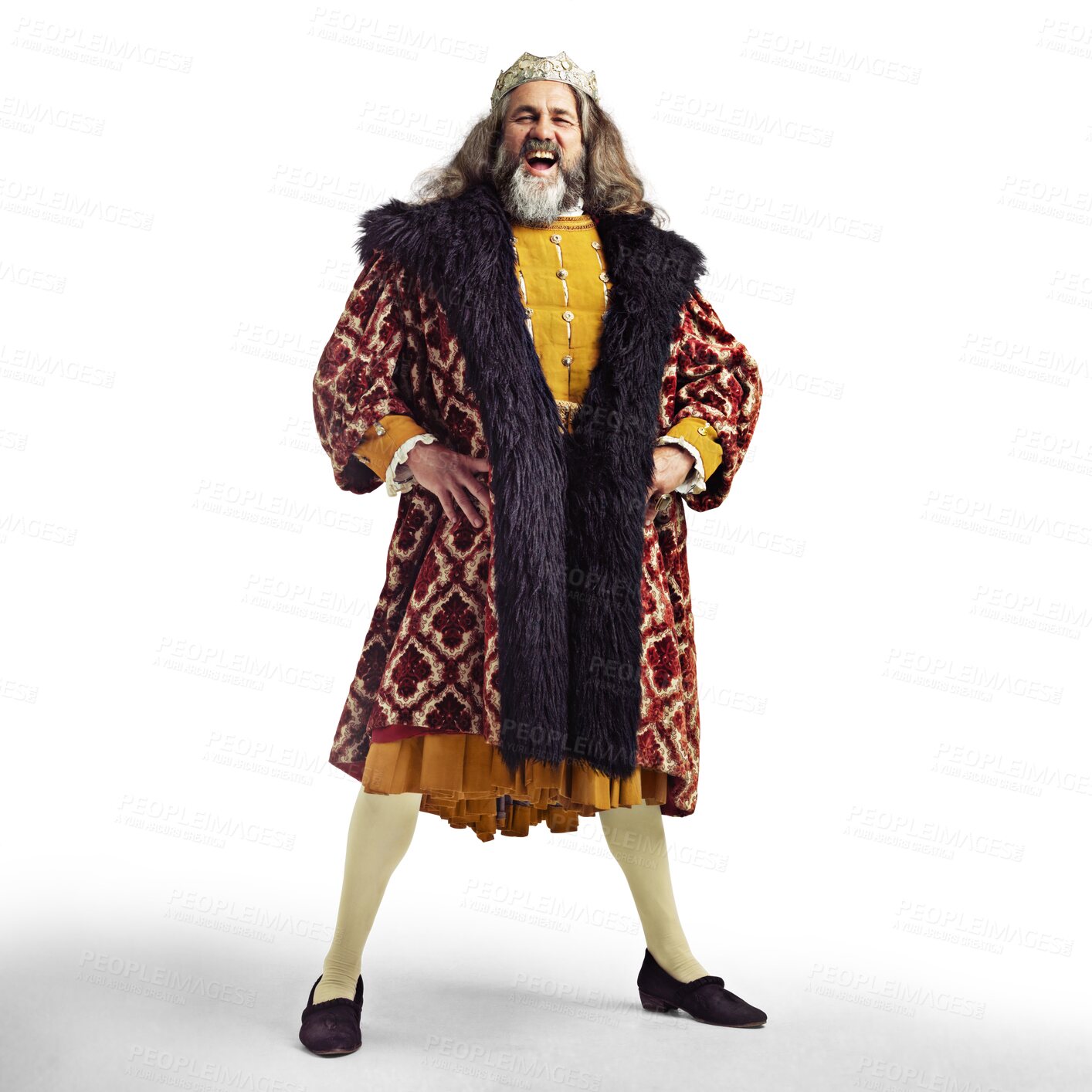 Buy stock photo Royalty, medieval and portrait of happy king on isolated, png and transparent background. Victorian ruler, renaissance history and senior man with crown in vintage costume laughing, smile and excited