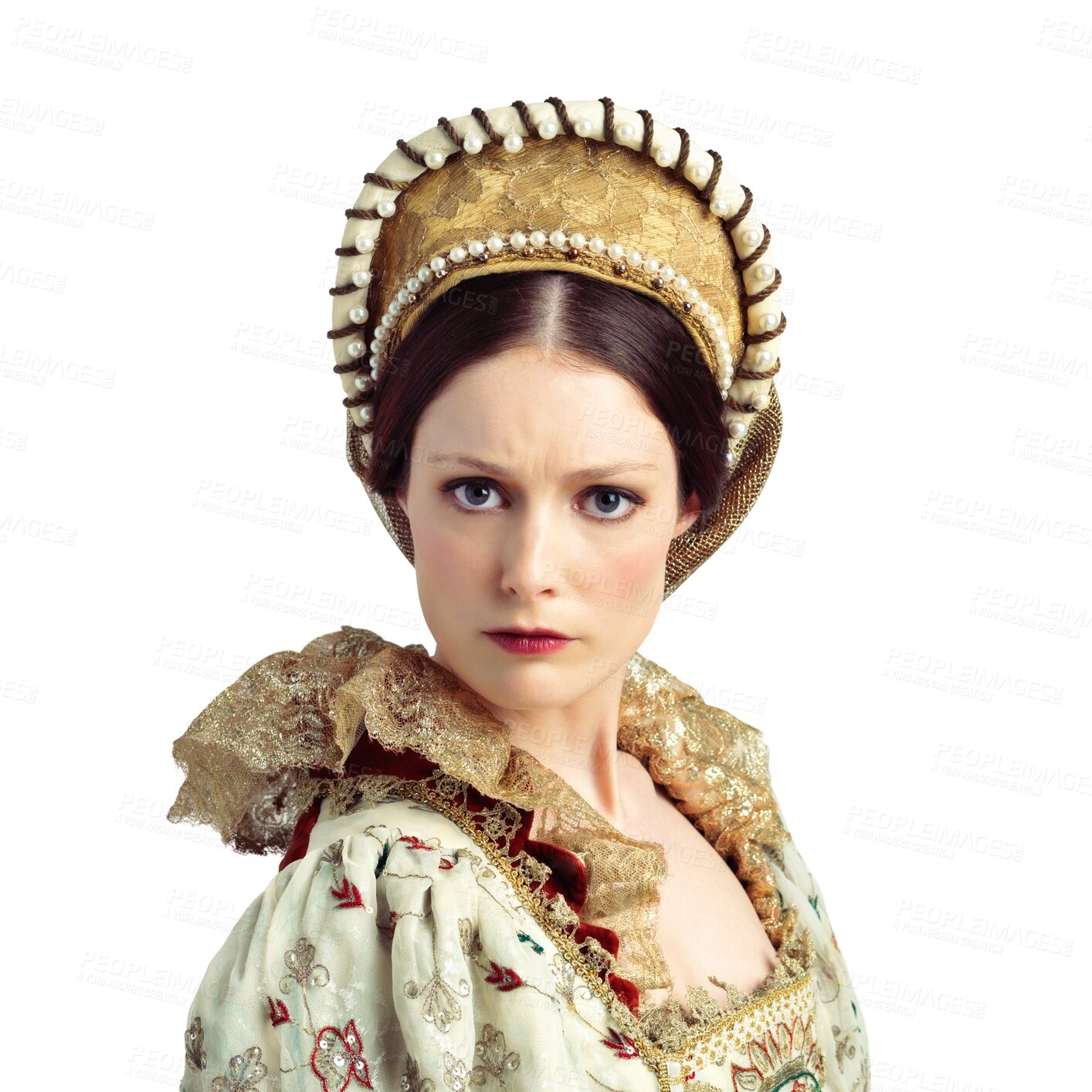 Buy stock photo Queen, portrait and woman in royal fashion on isolated, transparent or png background. Theatre, face and lady with crown, vintage or clothing for medieval, show or rehearsal in Shakespeare aesthetic