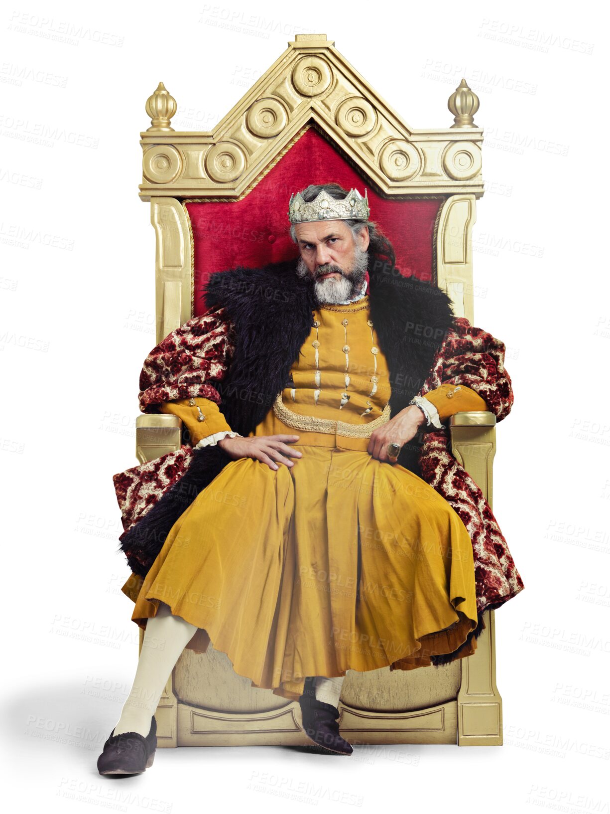 Buy stock photo King, royalty and throne portrait of a Renaissance person face with wealth, power and luxury. Ruler, vintage fashion and mature male monarch in history isolated on a transparent, png background