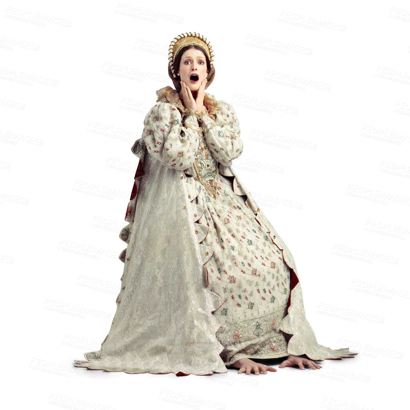 Buy stock photo Surprise, royal and portrait of medieval Queen on isolated, png and transparent background. Renaissance history, Victorian royalty and shocked face of woman in vintage, theatre and crown for costume