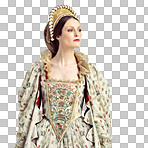 A Queen, monarch with history, renaissance and woman with theatre, Shakespeare and drama. Victorian royalty in vintage dress, crown and cosplay with female rule mockup isolated on a png background