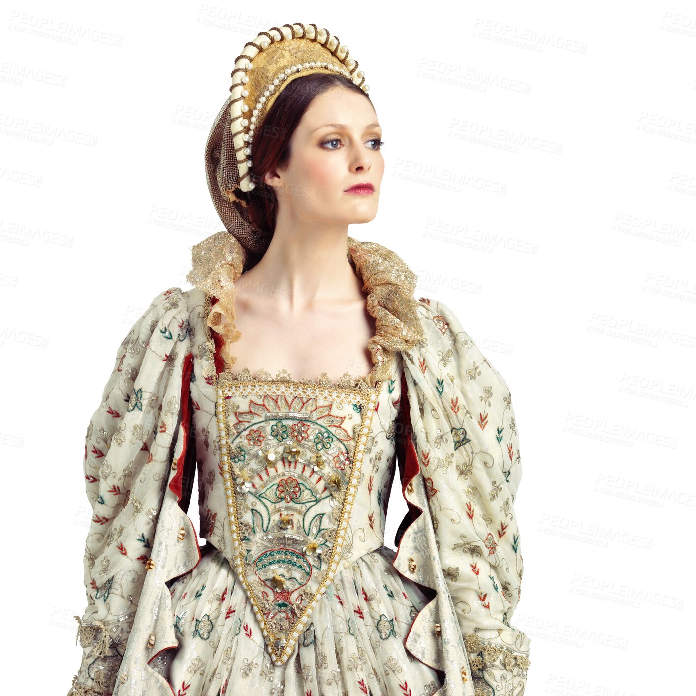 Buy stock photo Woman, queen and royal costume on isolated, transparent and png background for theatre, drama and rehearsal. Victorian, fashion and female pose in medieval vintage dress, classic and royal aesthetic