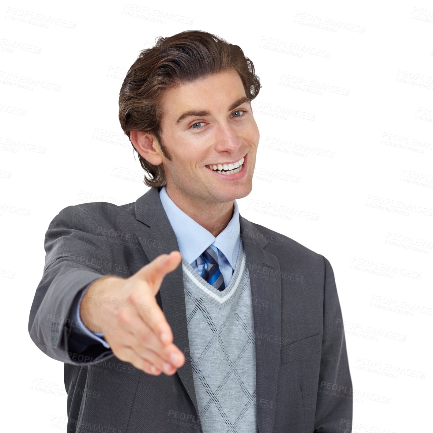 Buy stock photo Handshake, portrait and business man in welcome emoji on isolated, transparent or png background. Face, b2b and male hr with shaking hands offer for welcome, deal or thank you, partnership or hiring