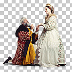 A Studio shot of a king proposing to a royal lady isolated on a png background