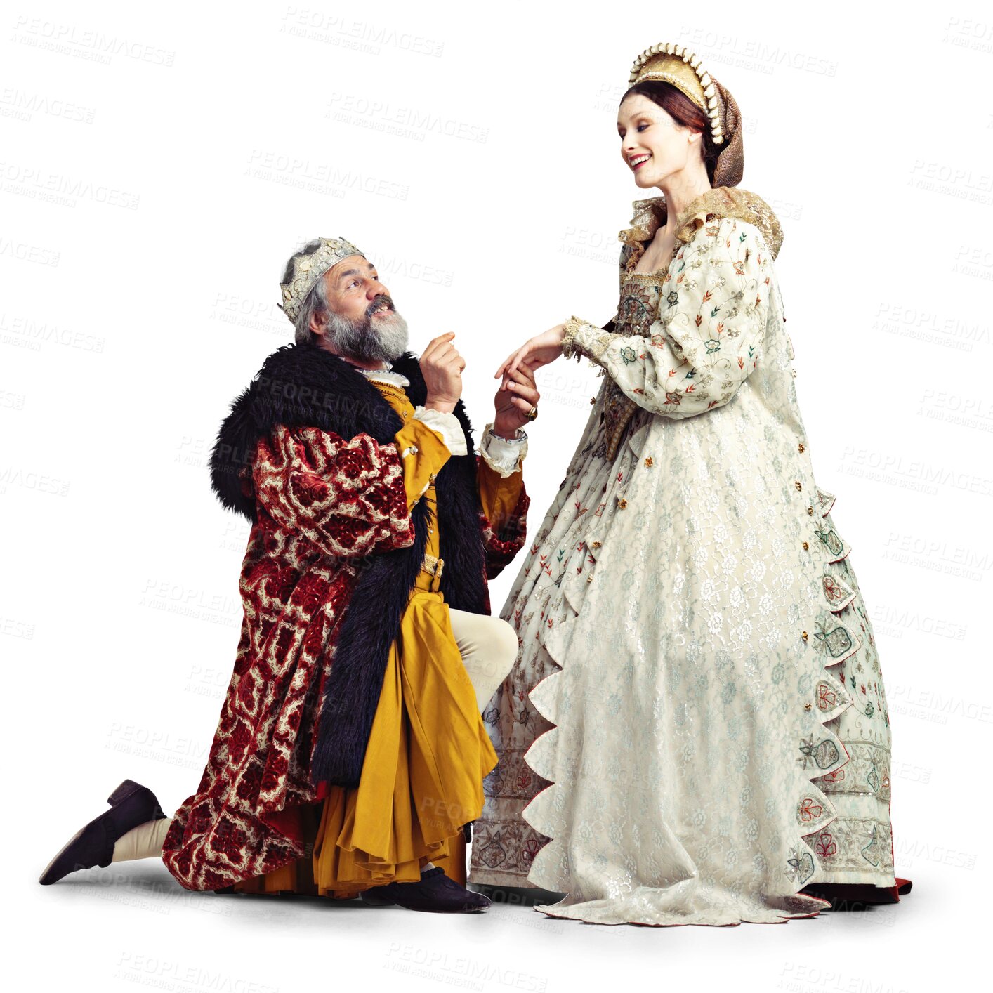 Buy stock photo Crown, king and queen in costume with marriage proposal, theatre couple in love in medieval performance art. History, man on knee and woman in renaissance act isolated on transparent, png background.