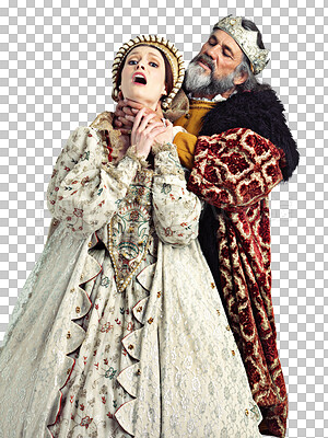 Buy stock photo Medieval theatre, king choking queen and violence in stage costume with history act isolated on transparent, png background. Art, character actor and renaissance performance, man and woman in fashion