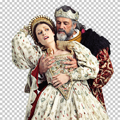 Buy stock photo Medieval theatre, king and queen in shocked embrace, costume and isolated on transparent, png background. Performance art, character violence actor and renaissance fashion, man and woman together.