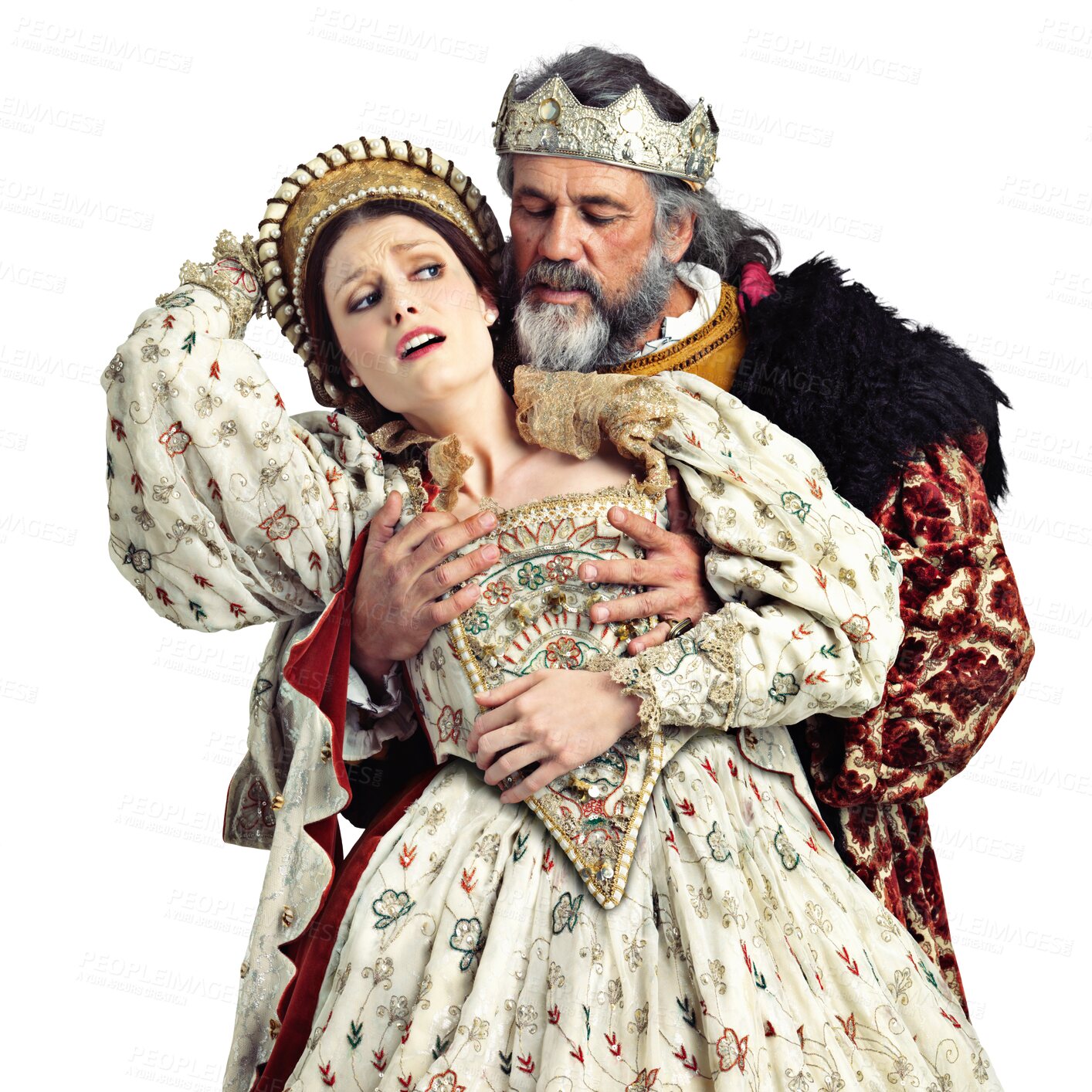 Buy stock photo Medieval theatre, king and queen in shocked embrace, costume and isolated on transparent, png background. Performance art, character violence actor and renaissance fashion, man and woman together.