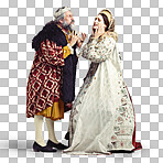 Royalty, renaissance and a king arguing with his queen for leadership of the monarchy. Couple, crown and history with a ruler and his wife fighting over the kingdom isolated on a png background