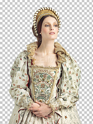 Buy stock photo Theatre costume, medieval queen and luxury vintage fashion for main character in historic stage performance. History, acting and woman renaissance theater actor isolated on transparent png background