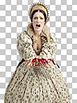 Queen woman, blood hands and studio with screaming, emergency and crime with ancient royal fashion. Medieval leader, crying and evil with shock, surprise and danger in renaissance clothes for murder isolated on a png background