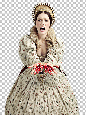 Buy stock photo Medieval,  screaming queen and blood on hands in theater play isolated on transparent, png background. Renaissance fashion, drama and woman in vintage murder mystery theatre show with bloody hand.