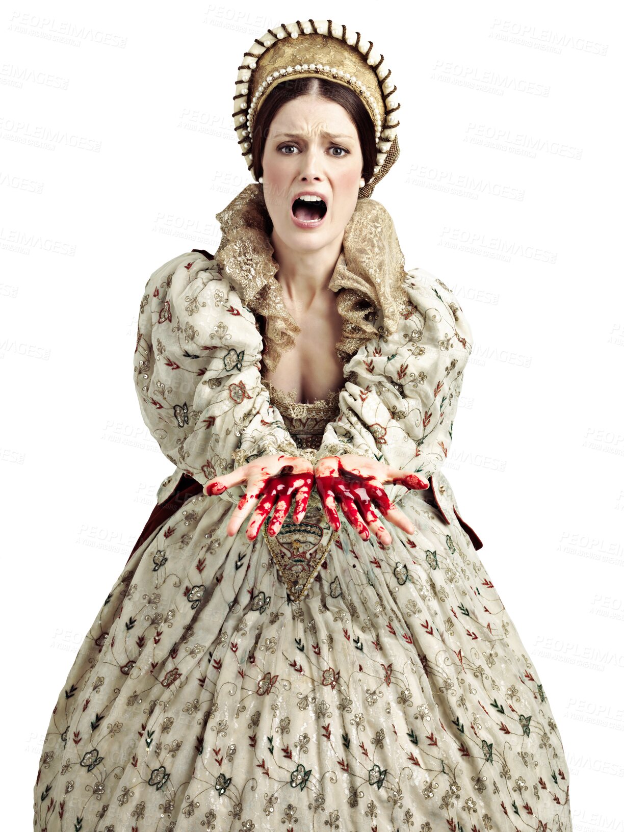 Buy stock photo Medieval,  screaming queen and blood on hands in theater play isolated on transparent, png background. Renaissance fashion, drama and woman in vintage murder mystery theatre show with bloody hand.