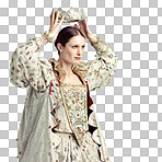 Shot of queen holding a crown over her head isolated on a png background